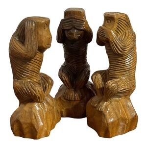 Hand Carved 3 Wise Monkeys Wooden Hear No Evil See No Evil Speak No Evil Tiki
